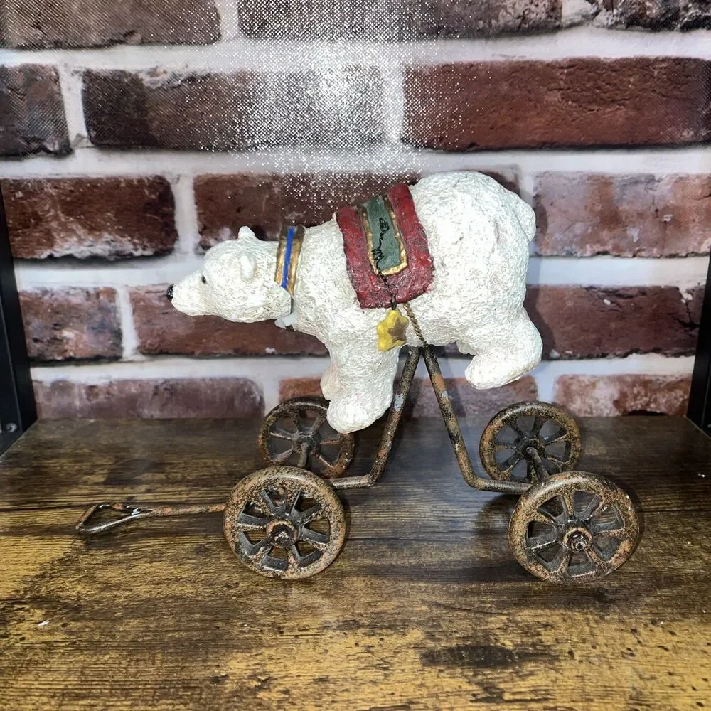 Vintage Rustic Holiday Christmas Polar Bear Wagon Figurine On Wheels
